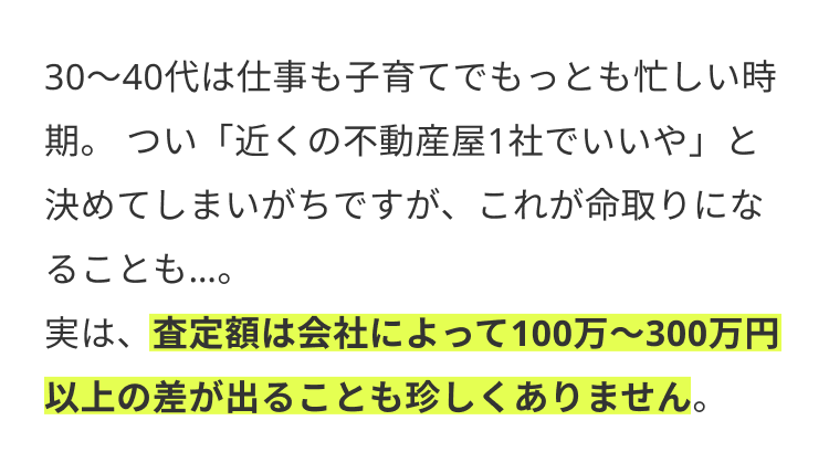 30~40代は仕事も子育てでもっとも忙しい時
期。 つい「近くの不動産屋1社でいいや」と
決めてしまいがちですが、これが命取りにな
ることも…。
実は、査定額は会社によって100万~300万円
以上の差が出ることも珍しくありません。